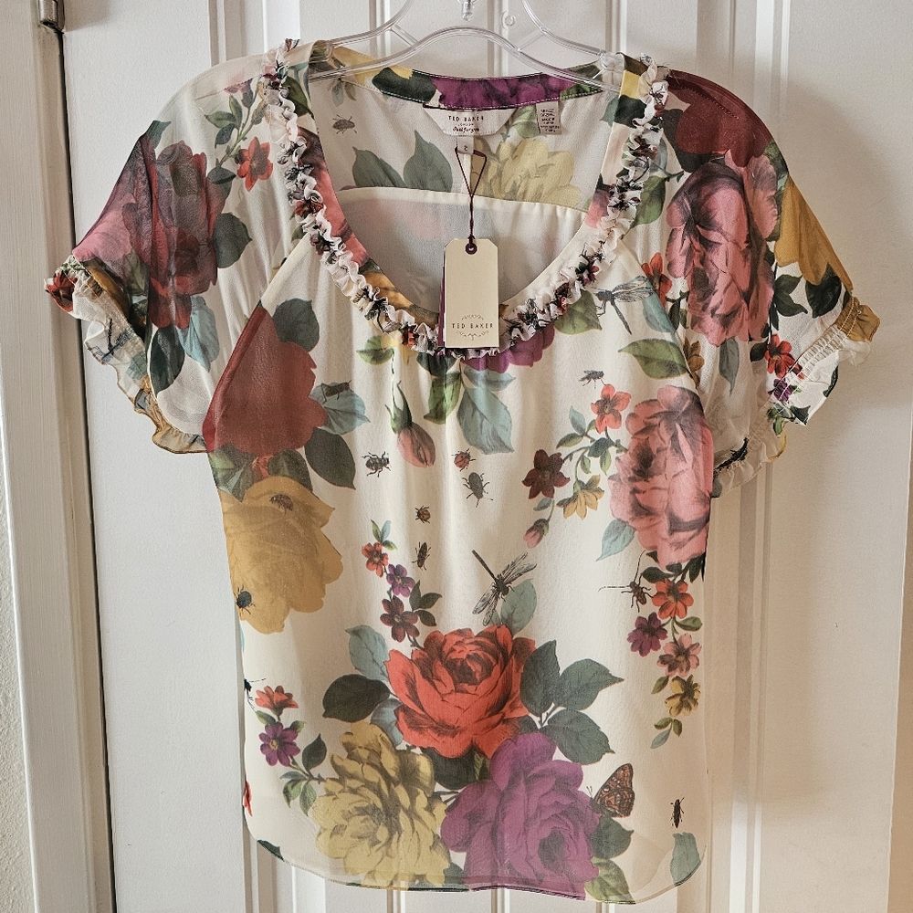 TED BAKER RAW EDGDE FRILL SMOCK TOP SZ 2 NWT